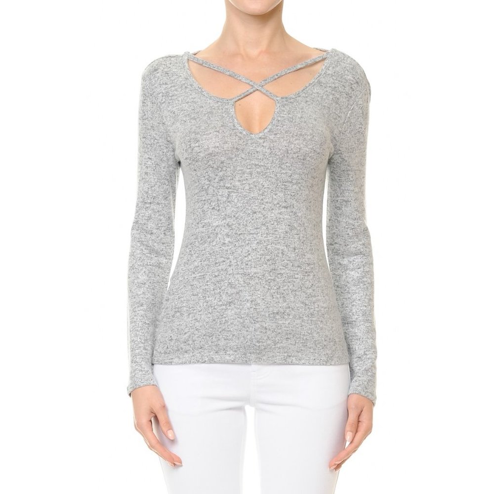 Y-neck Long Sleeve Hacci Top